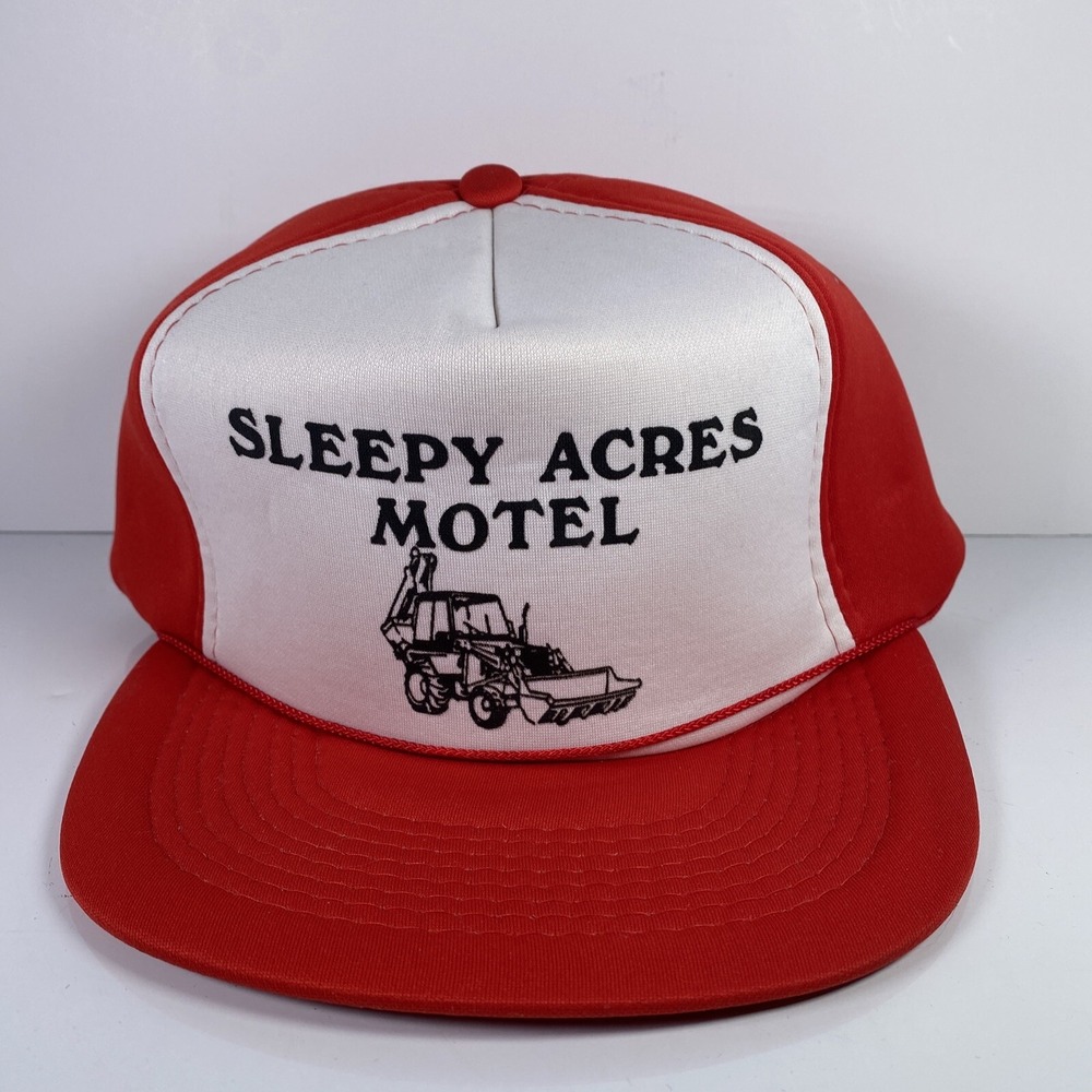 Vintage SLEEPY ACRES MOTEL NEW YORK‎ Tractor Foam Snapback Cap Hat Rope Red Work